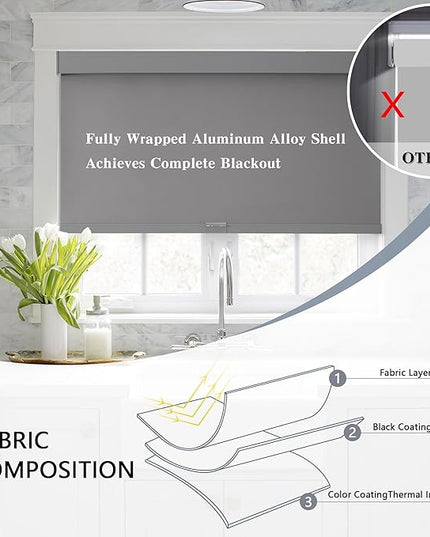 AOSKY Blackout Roller Shades Cordless Blinds for Windows, Free-Stop Shades with Valance, Thermal Insulated Fabric, UV Protection, Natural Woven Blinds for Home and Office (66" W x 72" H, Grey)
