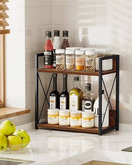 Giikin Kitchen Counter Shelf, Kitchen Countertop Organizer, 2 Tier Spice Rack for Counter, Wood Coffee Bar Organizer for Coffee Station (Brown, L)