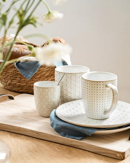LE TAUCI Coffee Mugs 12 oz, Ceramic Mug Set Set of 4, Embossment Cups for Espresso, Latte, Tea, Cocoa, Cappuccino & Mocha, Dishwasher Oven Microwave Safe - 3.4 inch, Arctic White