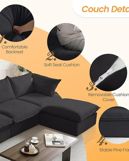JACH L Shaped Sectional Couches for Living Room, Black Sectional Couch with Chaise Ottoman, Deep 3-Seats Modular Sofa, Cushion Covers Removable, Two Corners and A Middle Sofa for Living Room