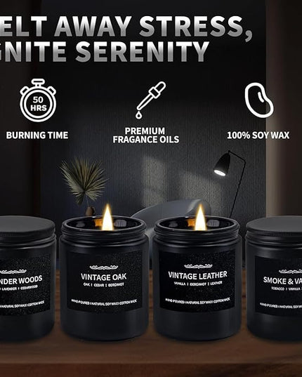 Scented Candle Set, Men Candle Set, Scented Candles for Home, Gifts for Men, 4 Pack Manly Candles Gifts for Mens Scents of Smoke Vanilla/Leather/Oak/Lavender Wood