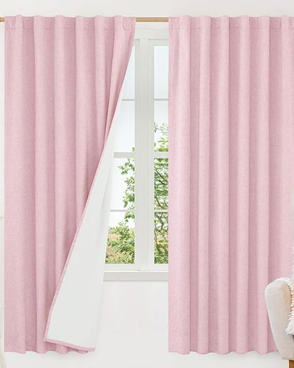 LAMIT 100% Blackout Linen Curtains, 72 Inches Linen Textured Thermal Bedroom Curtains Back Tab and Rod Pocket Neutral Panels with White Liner for Girls' Room, 2 Panels, 52 x 72 Inch, Pink