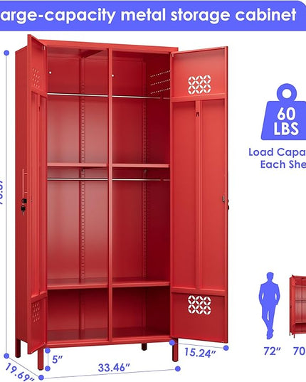 Aobabo Metal Wardrobe Cabinets with Lock, 2 Door Metal Closet wtih 4 Adjustable Shelves and 2 Hannging Rod, Lockable Locker Cabinet, Storage Locker for Home, Office,Red, Assembly Required