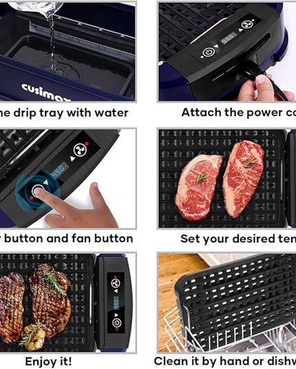 Electric Indoor Grill Griddle, CUSIMAX Smokeless Grill, Portable Korean BBQ with Turbo Smoke Extractor Technology, Non-stick Removable Plate & Griddle Plates