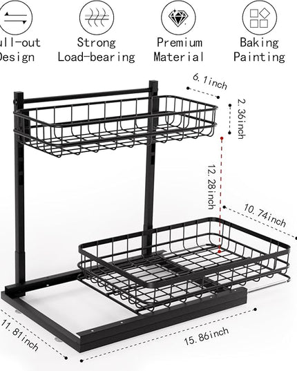 Under Sink Organizer, Adjustable Height Pull-Out Kitchen Storage Organization,15.8" x 11.8" x 16.5", 2-Tier Kitchen Shelf, Bathroom Drawer Organizer, 2 Pack|Black