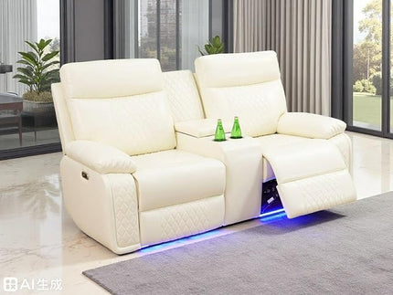 Power Recliner Loveseat Set, Living Room Furniture Sets, Leather Reclining Sofa Sectional Couch, 2 Seater Reclining Couches, Reclining Sofa with Storage Console for House, Vanilla White