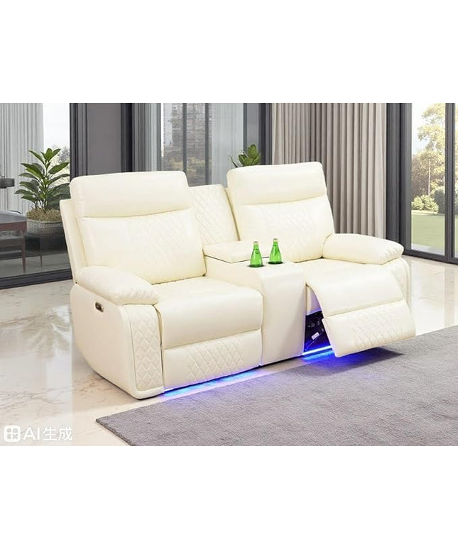 Power Recliner Loveseat Set, Living Room Furniture Sets, Leather Reclining Sofa Sectional Couch, 2 Seater Reclining Couches, Reclining Sofa with Storage Console for House, Vanilla White