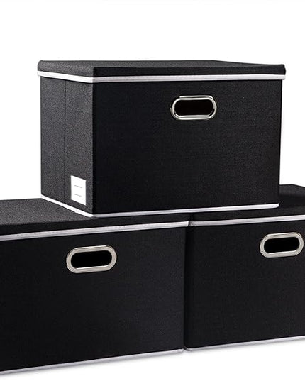 PRANDOM Large Foldable Storage Boxes with Lids [3-Pack] Fabric Collapsible Storage Bins Organizer Containers Baskets Cube with Cover for Home Bedroom Closet Office Nursery Black(17.7x11.8x11.8)