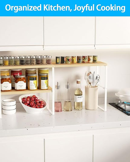 Large Countertop Organizer Corner Shelf, 2 Tier Adjustable Stackable Counter Shelves for Kitchen, Bathroom, Spice Rack, Coffee Bar, Over Sink, Dresser Table, Corner Counter Shelf Stand, Natural Beige