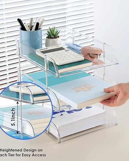 Noger Desk Organizers and Storage, 3 Tier Clear Heightened Stackable Paper Tray Organizer for Document, Letter, A4 File Paper, Desk Accessories, Office Supplies (Clear, 3 Pack)