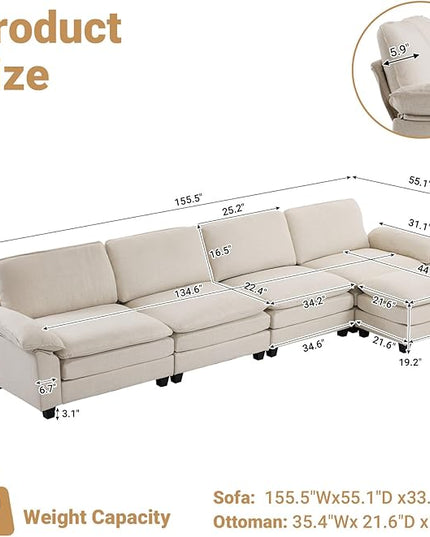 VINGLI 156" Cloud Couch, Comfy Modular Sectional Sofa Set for Living Room,L-Shaped Linen 4-Seat Convertible Loveseat Sofa with 1 Ottoman for Small Space.(Beige)