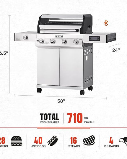 Monument Grills 4+1 Liquid Propane Gas Smart BBQ Grill, 4 Burners & 1 Side Burner, Denali 405 Stainless Steel with Smart technology, Knob Controls, Outdoor Use