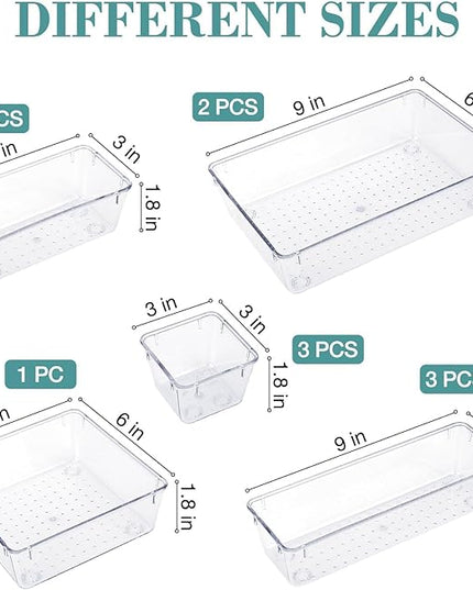 13 PCS Drawer Organizer Set, 5 Varied Size Bathroom and kitchen Drawer cabinet organizer Trays, Clear Storage Bins for Makeup, Jewelry, Utensils and Gadgets