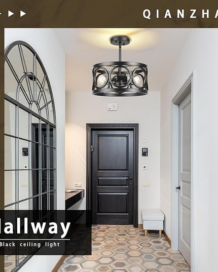 Farmhouse Semi Flush Mount Ceiling Light,3-Light Industry Black Sloped Ceiling Light Fixtures D13 Inches Drum Metal Light Fixture for Entryway Foyer Hallway Kitchen Dining Room