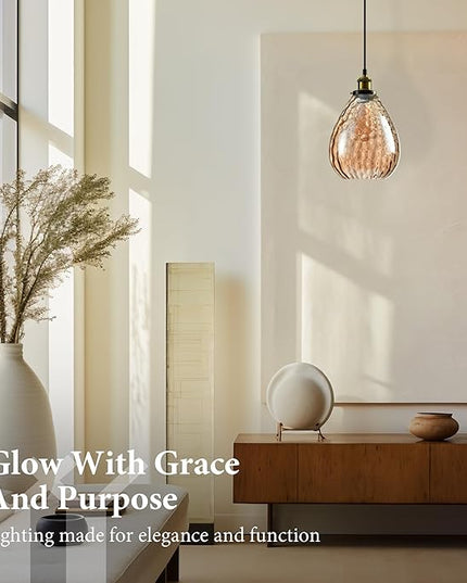 Modern Glass Pendant Light, 8"x9.6" Amber Ribbed Hanging Light Fixture with Gold Cap, 15"-72" Adjustable Cord, E26 Socket for Kitchen or Entryway – Sunrise Glow Teardrop