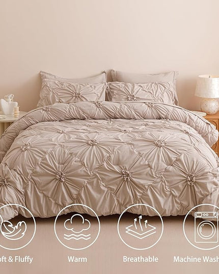 Khaki Twin Comforter Set - 7 Pieces Bed in a Bag, Premium Comforters Twin Size Bed Set Pintuck Pinch Pleat Complete Comforter Set with Flat Sheet, Fitted Sheet and Pillowcases,Khaki