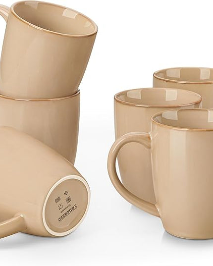 vancasso PLAYA Ceramic Coffee Mug Set of 6, 16 Oz Tea Cups with Handle for Latte, Tea, Cappuccino, Milk, Cocoa, Microwave&Dishwasher Safe, Brown