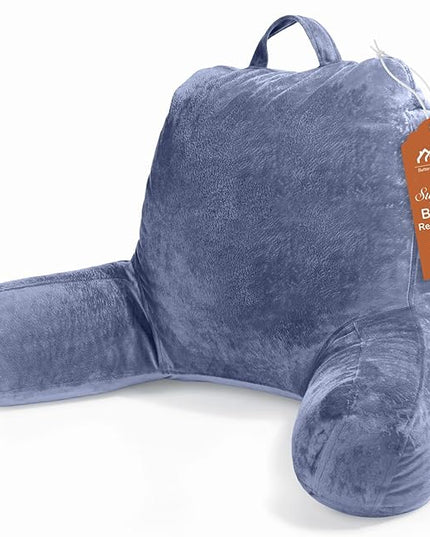 Sasttie Reading Pillow, Velvet Back Pillow for Bed Sitting Up, Adult Back-Rest Support Cushion with Arms for Sit Up on Couch, Sofa, and Floor, Dorm Essentials, Reading Accessories, Grey Purple