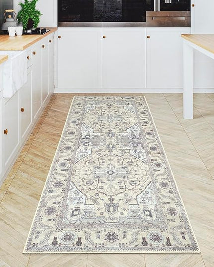GLN Rugs Bohemian Collection - Machine Washable Area Rug, Bohemian Vintage, Non Slip, Low Pile Chenille Rug, Living Room, Bedroom, Bathroom Rug (2'6"x7' Beige and Gray)
