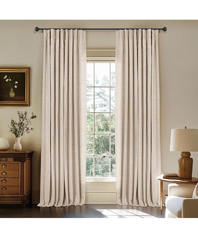 INOVADAY 100% Blackout Curtains for Bedroom, Black Out Curtains 84 Inch Long, Clip Rings Linen Blackout Drapes, Thermal Insulated Room Darkening for Living Room, 2 Panels - Oatmeal,W50xL84