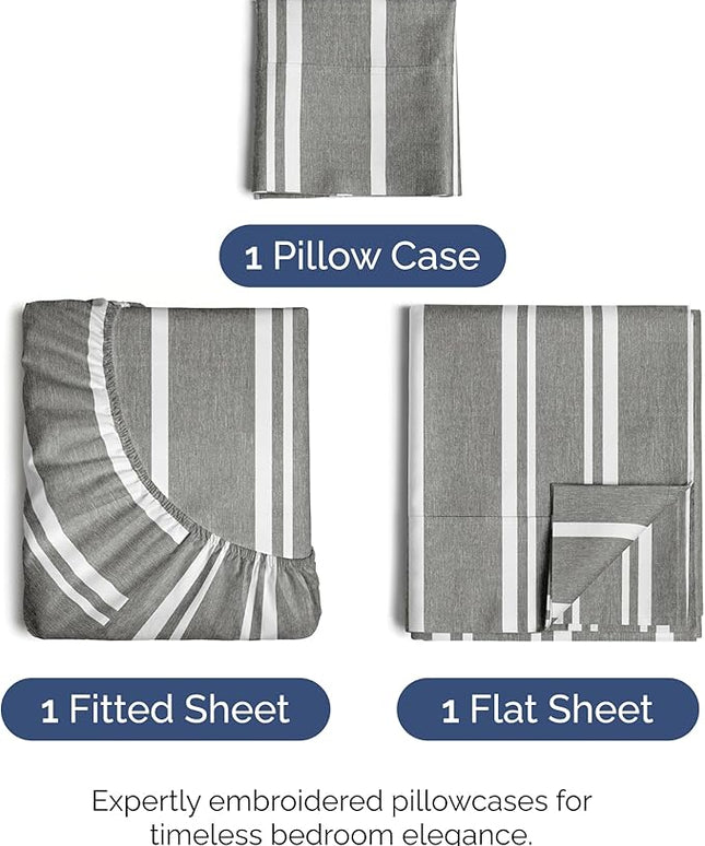Twin XL Size 3 Piece Sheet Set - Comfy Breathable & Cooling Bed Sheets Set - Hotel Luxury Bedding for Women, Men, Kids, Teens, Boys & Girls - Deep Pockets and Wrinkle Free - Oeko-Tex - Grey Stripes 3