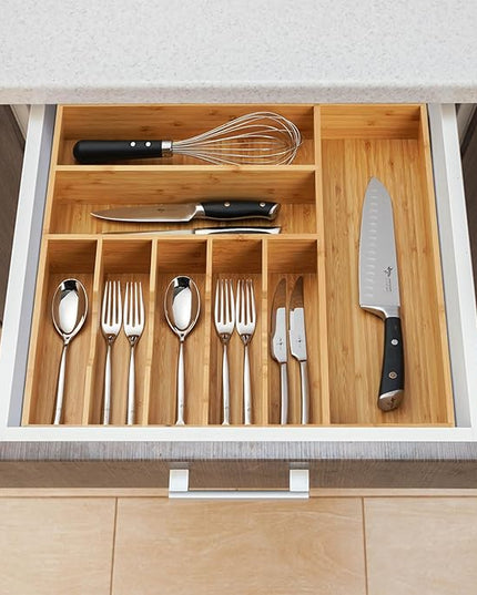 Umilife Large Kitchen Drawer Organizer, 19"x19" Silverware Utensils Organizer, 2.5" High for Large Deep Drawers, Bamboo Flatware Holder with Thick Frames, Sturdy Kitchen Organization Tray