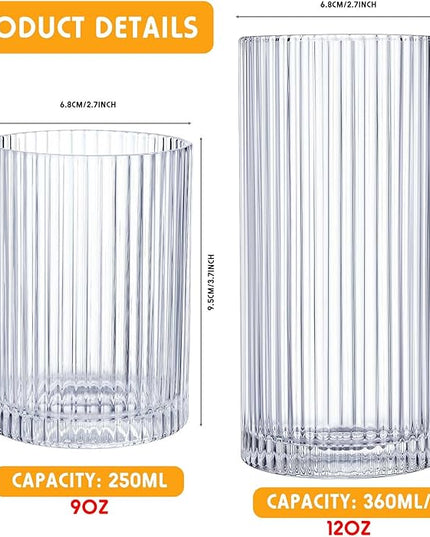 Zhehao 12 Pcs Ribbed Drinking Glasses Set 9 oz 12 oz Glass Cups Vintage Glassware Ribbed Cocktail Cup Clear Ice Coffee Highball Ripple Drinkware for Home Bar Beverages