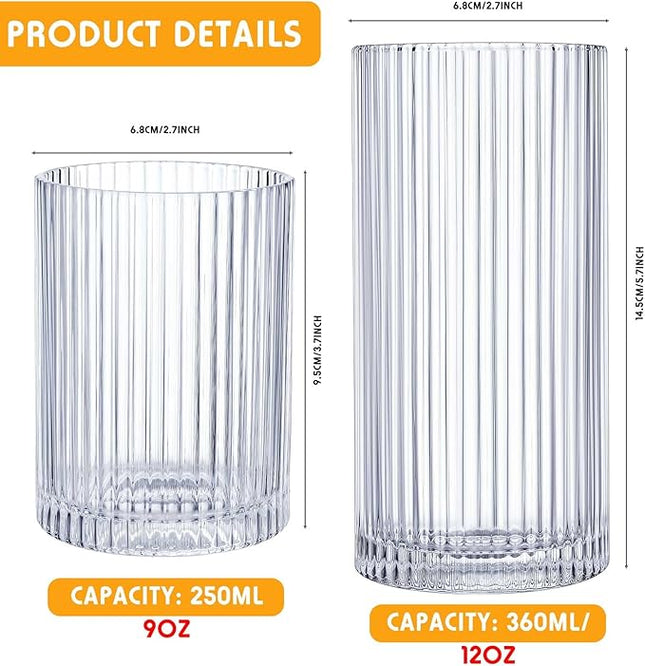 Zhehao 12 Pcs Ribbed Drinking Glasses Set 9 oz 12 oz Glass Cups Vintage Glassware Ribbed Cocktail Cup Clear Ice Coffee Highball Ripple Drinkware for Home Bar Beverages