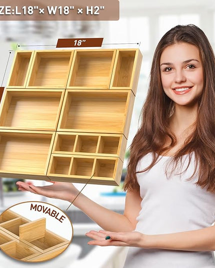 Bamboo Drawer Organizer, Set of 9 Wood Kitchen Junk Tea Desk Office Tray, Wooden Storage Boxes Organizers for Bathroom, Office (2" H 9 Boxes)