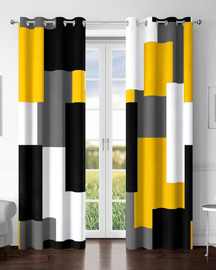 Yellow 100% Blackout Curtains for Bedroom 72 inch Length 2 Panels Set White Grey Modern Abstract Geometric Black Out Curtains Insulated Room Darkening Window Drapes for Living Room, 52Wx72L
