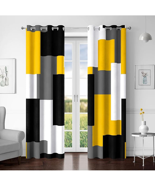 Yellow 100% Blackout Curtains for Bedroom 72 inch Length 2 Panels Set White Grey Modern Abstract Geometric Black Out Curtains Insulated Room Darkening Window Drapes for Living Room, 52Wx72L