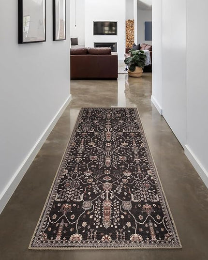 GLN Rugs Bohemian Collection - Machine Washable Area Rug, Bohemian Vintage, Non Slip, Low Pile Chenille Rug, Living Room, Bedroom, Bathroom Rug (2'6"x7' Black)