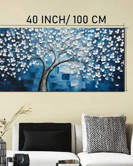 SSNEEKNDG Blue Tree of Life Wall Art for Bedroom White Flower Tree Large Artwork for Living Room Office Kitchen Modern Aesthetic Pictures Canvas Prints 20"x40"