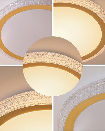 16 Inch Golden Crystal LED Flush Mount Light Fixtures, 24W Dimmable Modern Ceiling Lights, 3000K/4000K/5000K Adjustable Lamps for Bedroom, Kitchen, ETL Listed