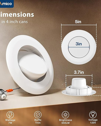 Amico 6 Pack 4 Inch Retrofit Eyeball Gimbal Can Lights, Adjustable Eyeball Directional 5CCT LED Recessed Lights, Dimmable, 2700K/3000K/3500K/4000K/5000K Selectable, 7W 650LM, ETL&FCC
