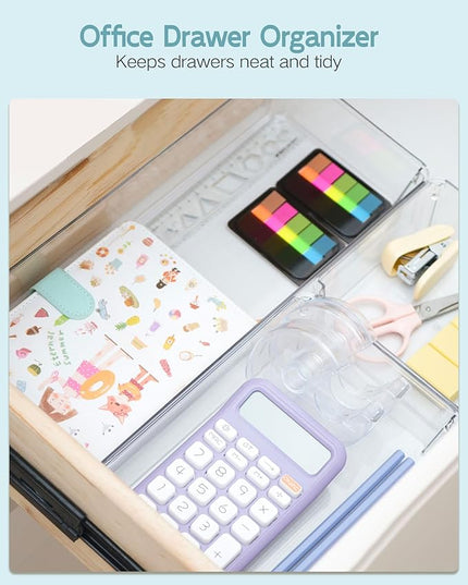 9 Pack Large Clear Plastic Drawer Organizer Trays, Desk Drawer Organizers and Storage Dividers, Non-Slip Storage Bins for Jewelry, Snacks, Office, Bathroom, Bedroom and Kitchen