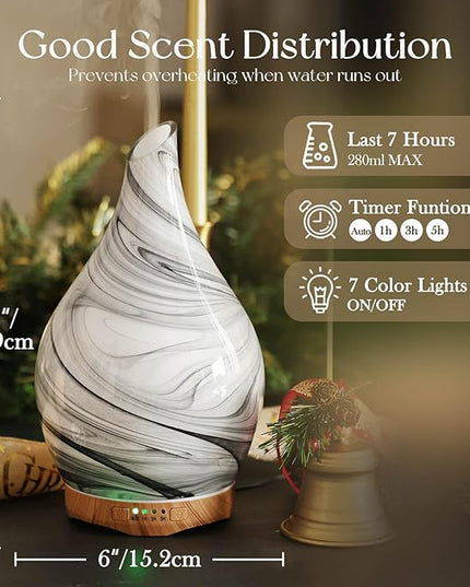Porseme 280ml Essential Oil Diffuser Glass Color Changing Aroma Air Diffusers Aromatherapy Ultrasonic Cool Mist Humidifier 7 Running Hours Waterless Auto-Off for Sleeping, Yoga, Office, Spa (Ink)
