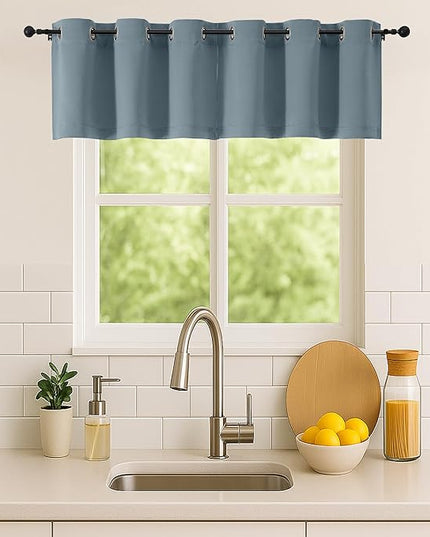 Simplebrand Stone Blue Window Valance for Kitchen 14 Inches Long 2 Panels Set, Room Darkening Valance Curtains for Living Room, Grommet Short Privacy Kitchen Curtains for Bedroom Kids Room, 40Wx14L