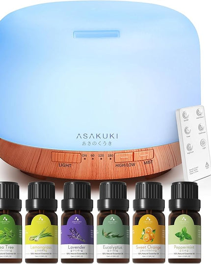 ASAKUKI Oil Diffuser with Essential Oils Set, 500ml Aromatherapy Humidifier with 14 LED Colors & Auto Shut-Off - 6 Oil Gift Pack(Lavender Eucalyptus Tea Tree Orange Peppermint Lemongrass)