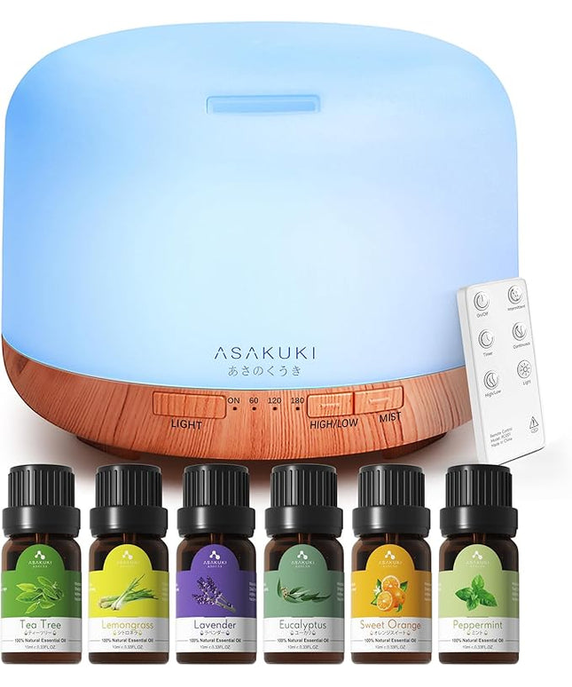 ASAKUKI Oil Diffuser with Essential Oils Set, 500ml Aromatherapy Humidifier with 14 LED Colors & Auto Shut-Off - 6 Oil Gift Pack(Lavender Eucalyptus Tea Tree Orange Peppermint Lemongrass)