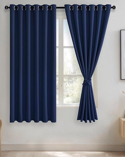 JIUZHEN Navy Blue Blackout Curtains with Tiebacks Thermal Insulated, Light Blocking and Noise Reducing Grommet Curtains for Bedroom and Living Room, Set of 2 Window Curtain Panels, 70 x 63 Inch Length