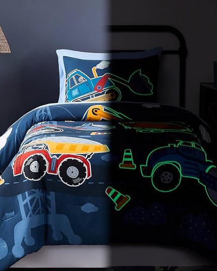 Twin Comforter Set for Boys-5 Pieces Truck Tractor Excavator Glow in The Dark Twin Bedding Sets for Kids, Ultra Soft Bed in A Bag with Sheets