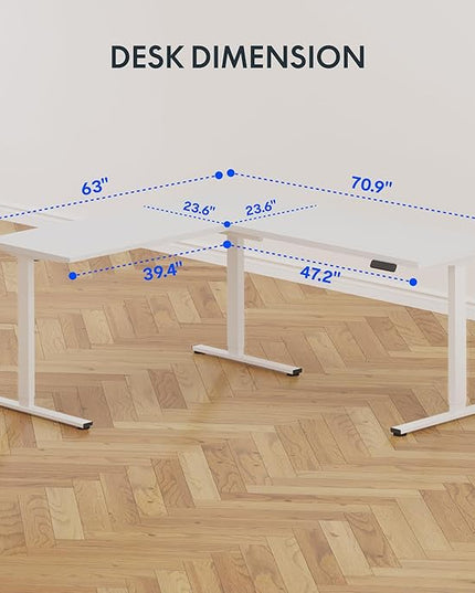 FLEXISPOT L Shaped Standing Desk, 71 x 63 Inch Electric Height Adjustable Corner Desk, Sit Stand Computer Workstation, Preset Controller, Home Office, White Frame with White Top, White Drawer