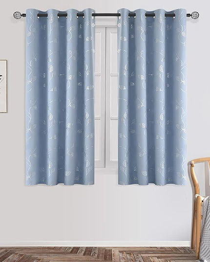BUHUA Heat Blocking Curtains, Black Out Curtains 63 Inch Long 2 Panels Burg, Soundproof Curtains with Silver Leaf Printed (52 x 63 Inch, Baby Blue, Set of 2 Panels)