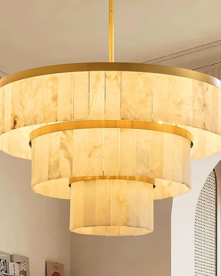 D34.3 Round Alabaster Chandelier, 3-Tier Brass Marble High Ceiling Chandeliers, Modern Dining Room Chandeliers Living Room Light for Entryways, Foyer, Stair, Kitchen Gold(Include Bulbs)
