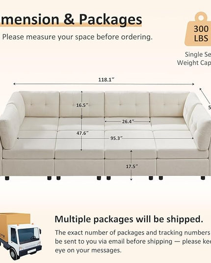 VANOMi 118" Modular Sectional Sofa with 2 Ottomans, 8 Seater Cloud Sectional Sofa Bed, Chenille Sofas & Couches for Living Room, Apartment, Office, White