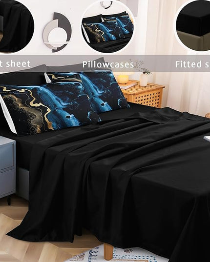 Bedbay Blue Marble King Size Comforter Set Blue Gold Marble Comforter Set 8 Pieces Soft Lightweight Bed in a Bag Metallic Luxury Bedding Set