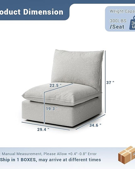 Cloud Middle Sectional, Waterproof Down Filled Sectional Sofa, High Backrest Modular Sectional Couches for Living Room, Modern Modular Couch with Removable Cover, Light Gray