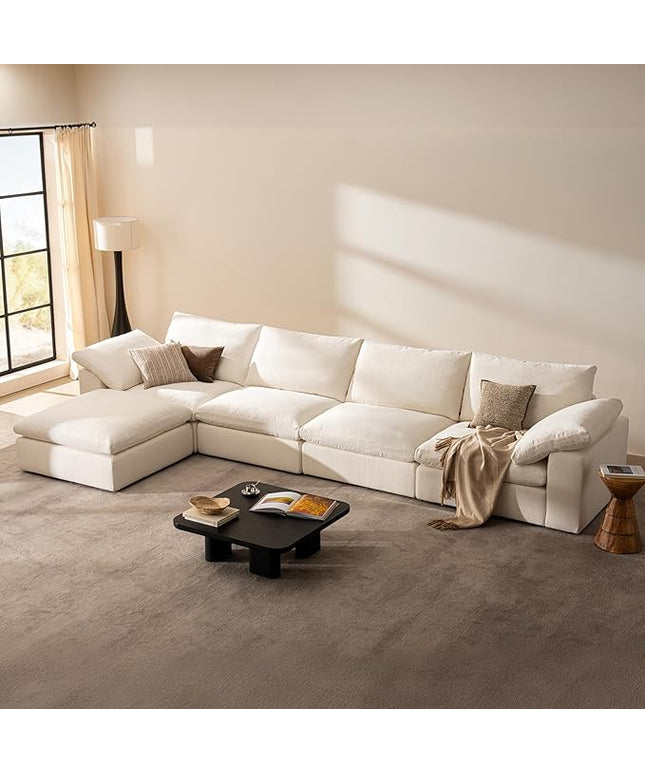141.7" Cloud Couch Oversized Modular Sectional Sofa, 4 Seater with Ottoman Modern Sofa True Relax Comfy, Wide & Deep Seat Couches with Metal Frame, Furniture Sets for Living Room, White