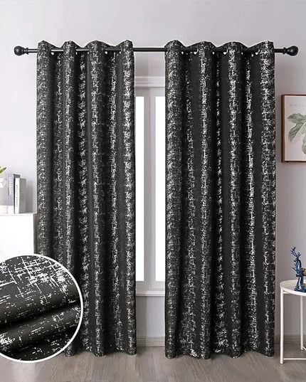 Taisier Home Silver Foil Print Linen Textured Curtains Geometric Dots Pattern Design Curtains for Bedroom Living Room Thermal Insulated Window Treatment 2 Panels 95" L,Black and Silver Print